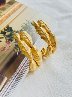 Givenchy Vintage 1980s Large Leaf Half Circle Hoop Chunky Clip Gold Earrings