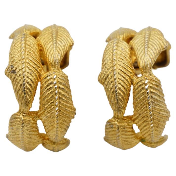Givenchy Vintage 1980s Large Leaf Half Circle Hoop Chunky Clip Gold Earrings For Sale