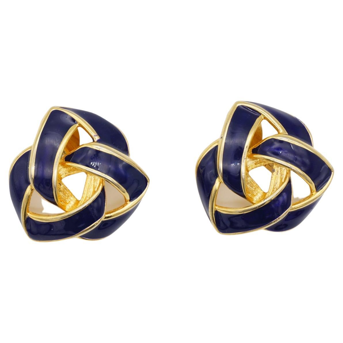 Givenchy Vintage 1980s Large Navy Enamel Knot Interlocked Chunky Clip Earrings For Sale