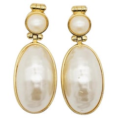 Givenchy Vintage 1980s Large White Oval Circle Pearl Elegant Drop Clip Earrings