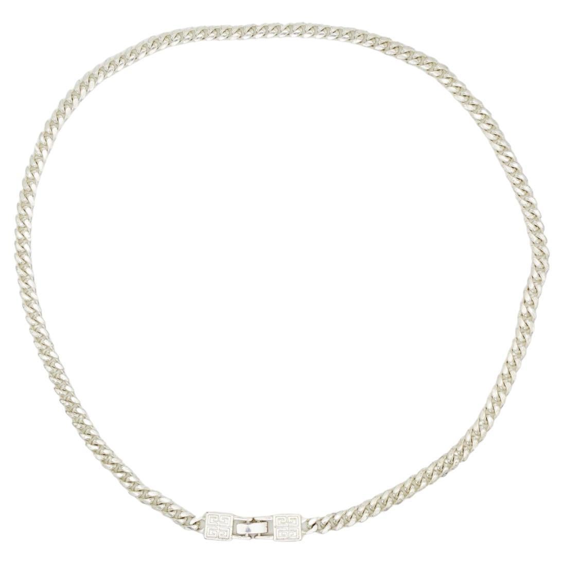 Givenchy, collier long vintage des années 1980 avec logo cubain, chaîne et maillons entrelacés en argent