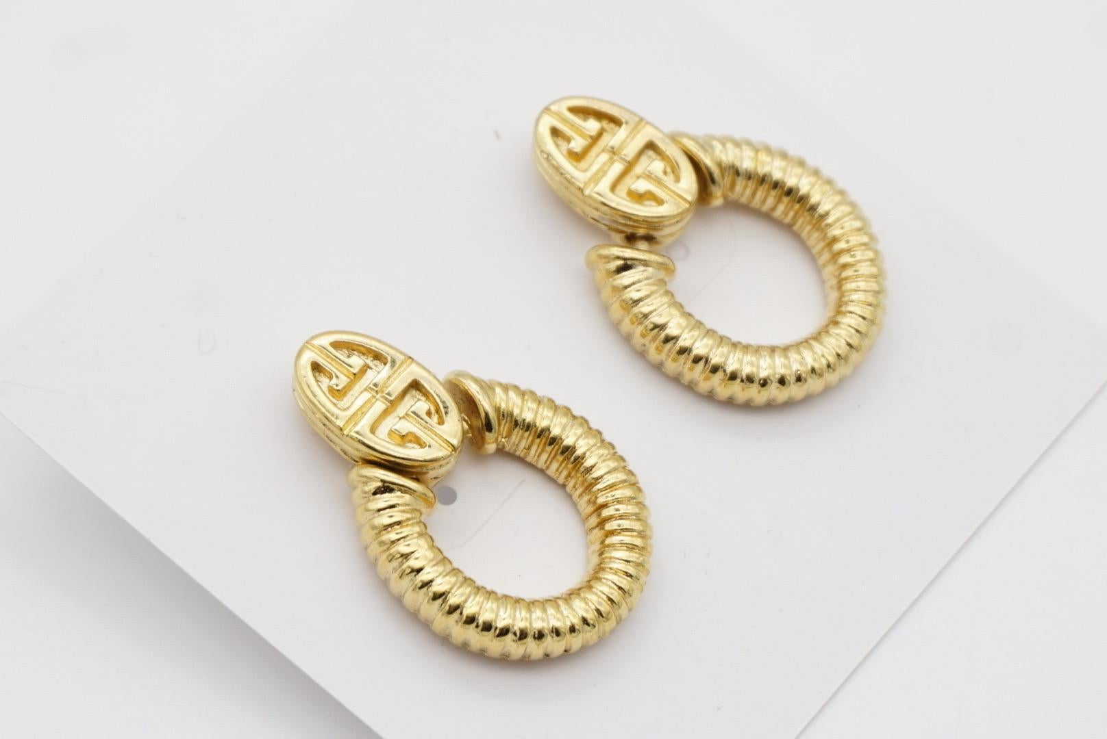 Givenchy Vintage 1980s Logo Monogram Door Knocker Oval Hoop Pierced Earrings For Sale 5