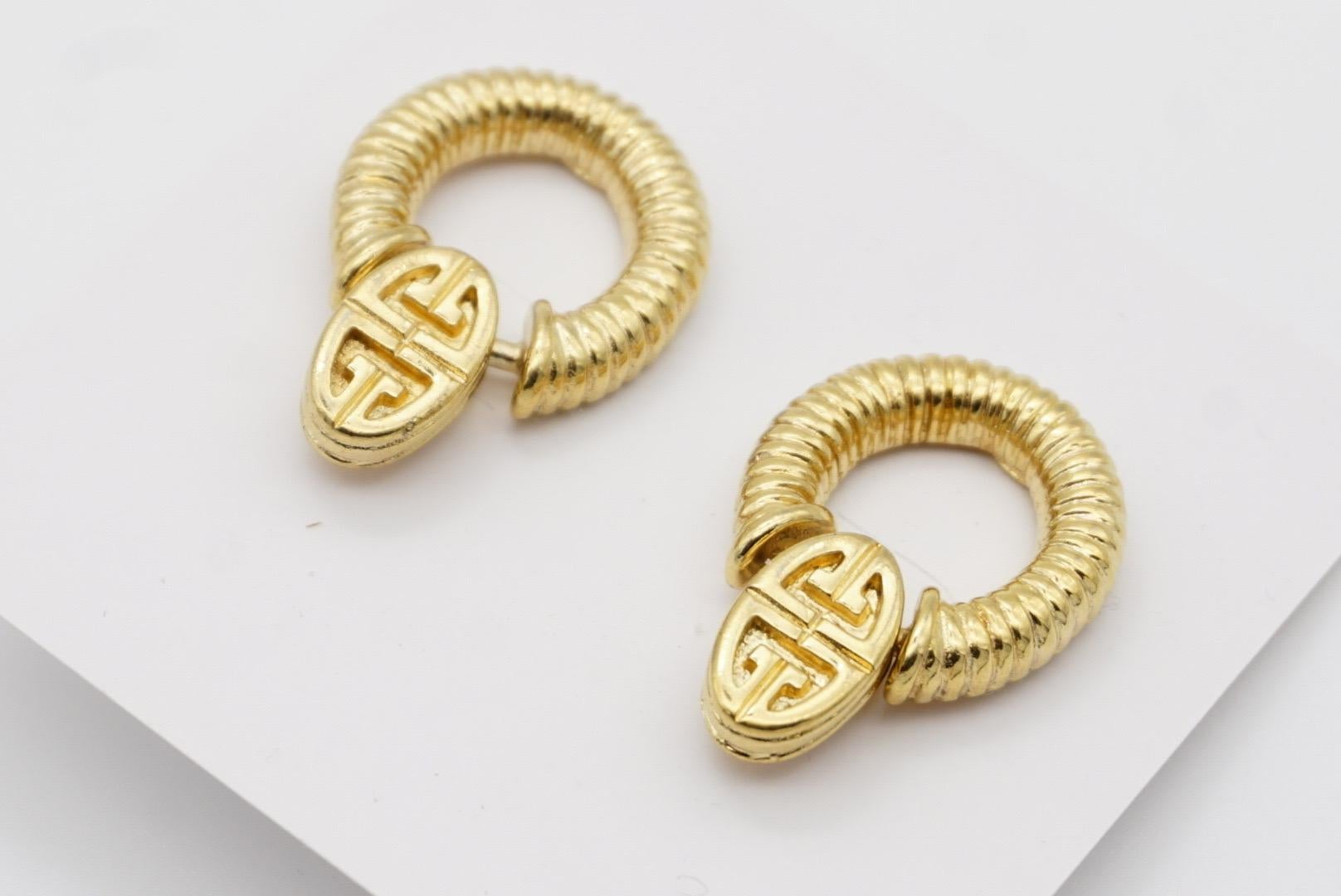 Givenchy Vintage 1980s Logo Monogram Door Knocker Oval Hoop Pierced Earrings For Sale 6