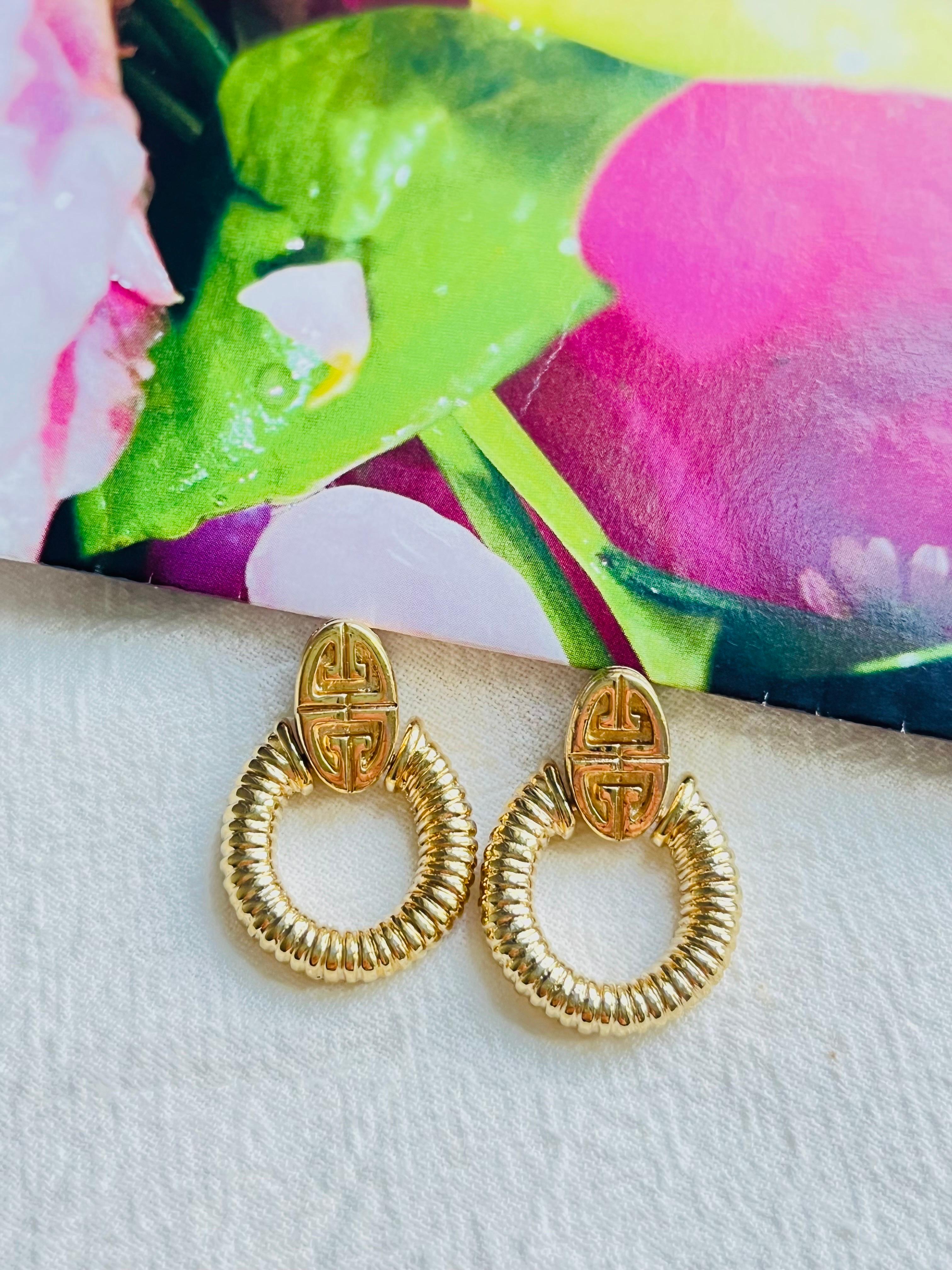 Art Deco Givenchy Vintage 1980s Logo Monogram Door Knocker Oval Hoop Pierced Earrings For Sale
