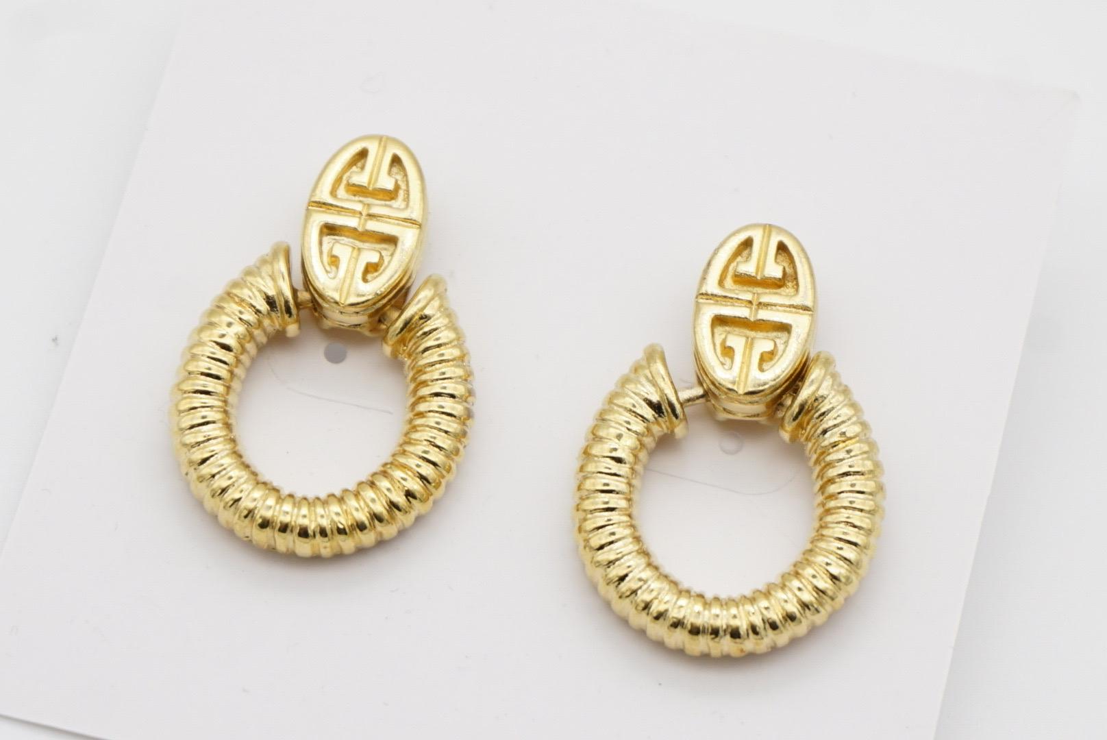 Givenchy Vintage 1980s Logo Monogram Door Knocker Oval Hoop Pierced Earrings For Sale 4