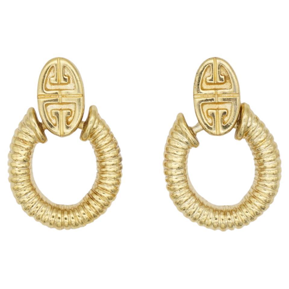 Givenchy Vintage 1980s Logo Monogram Door Knocker Oval Hoop Pierced Earrings For Sale