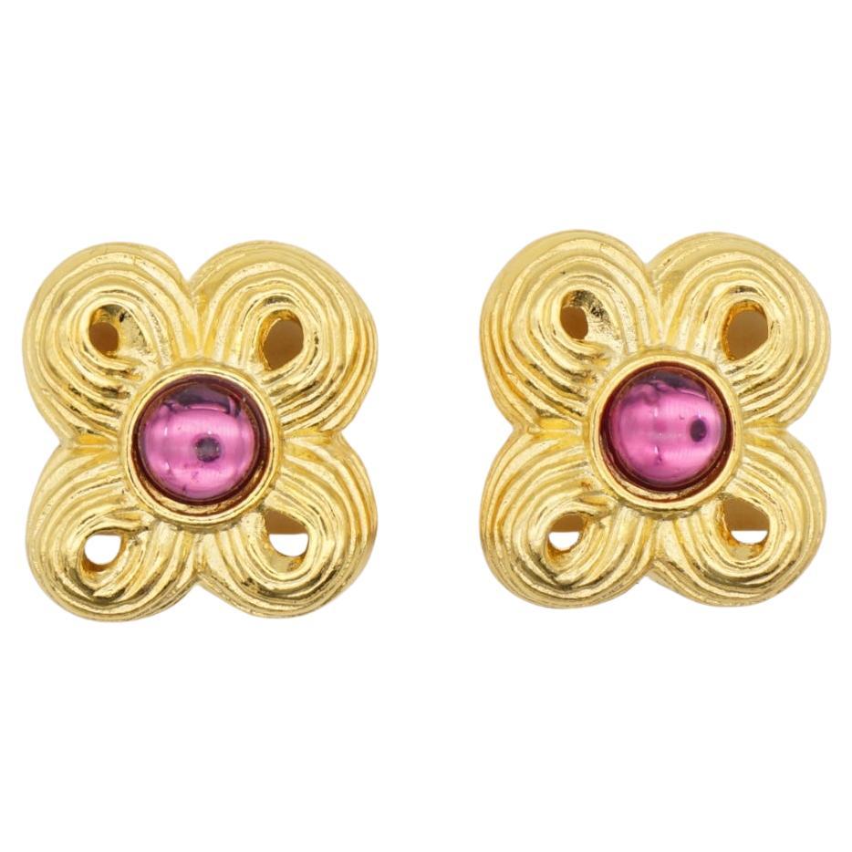Givenchy Vintage 1980s Purple Gripoix Amethyst Floral Clover Gold Clip Earrings For Sale