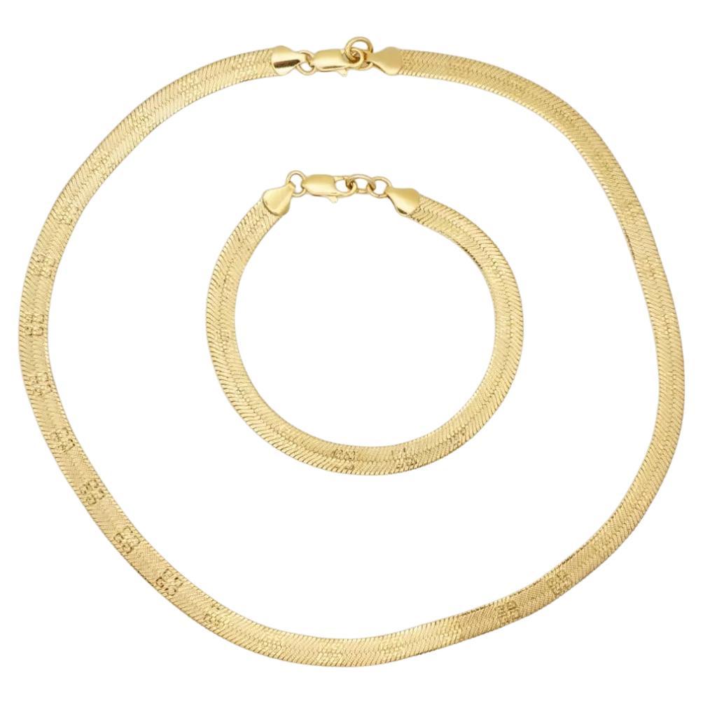 Givenchy Vintage 1980er Jahre Unisex Logo Fischgrät Kette Set Gold Halskette Armband