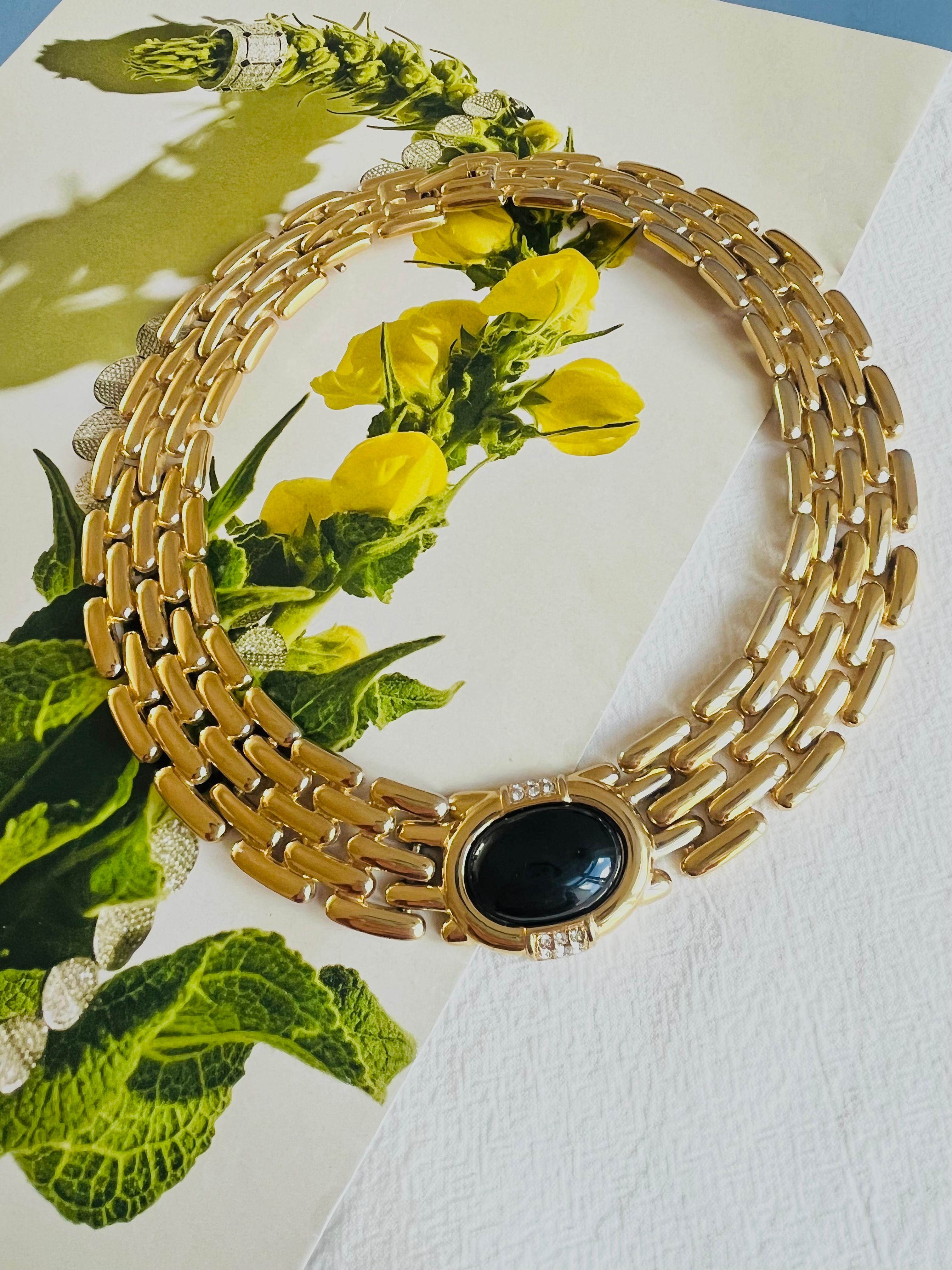 Givenchy Vintage Años 80 Reloj Eslabón Ónix Cristales Negros Collar Chunky Barroco en venta