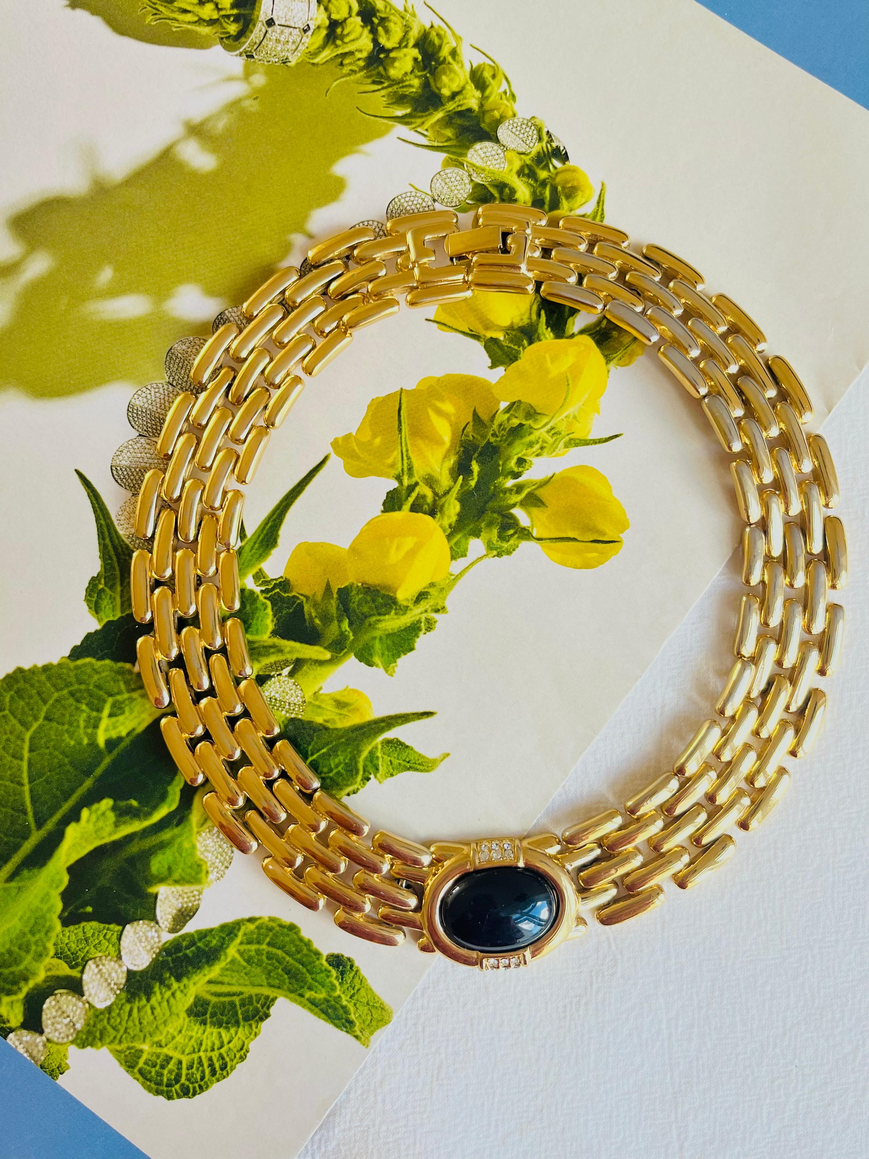 Givenchy Vintage 1980s Watch Link Onyx Black Crystals Chunky Collar Necklace In Good Condition In Wokingham, England