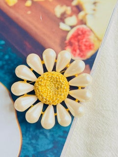 Givenchy Vintage 1990s Large Pearl White Yellow Daisy Flower Gold Retro Brooch
