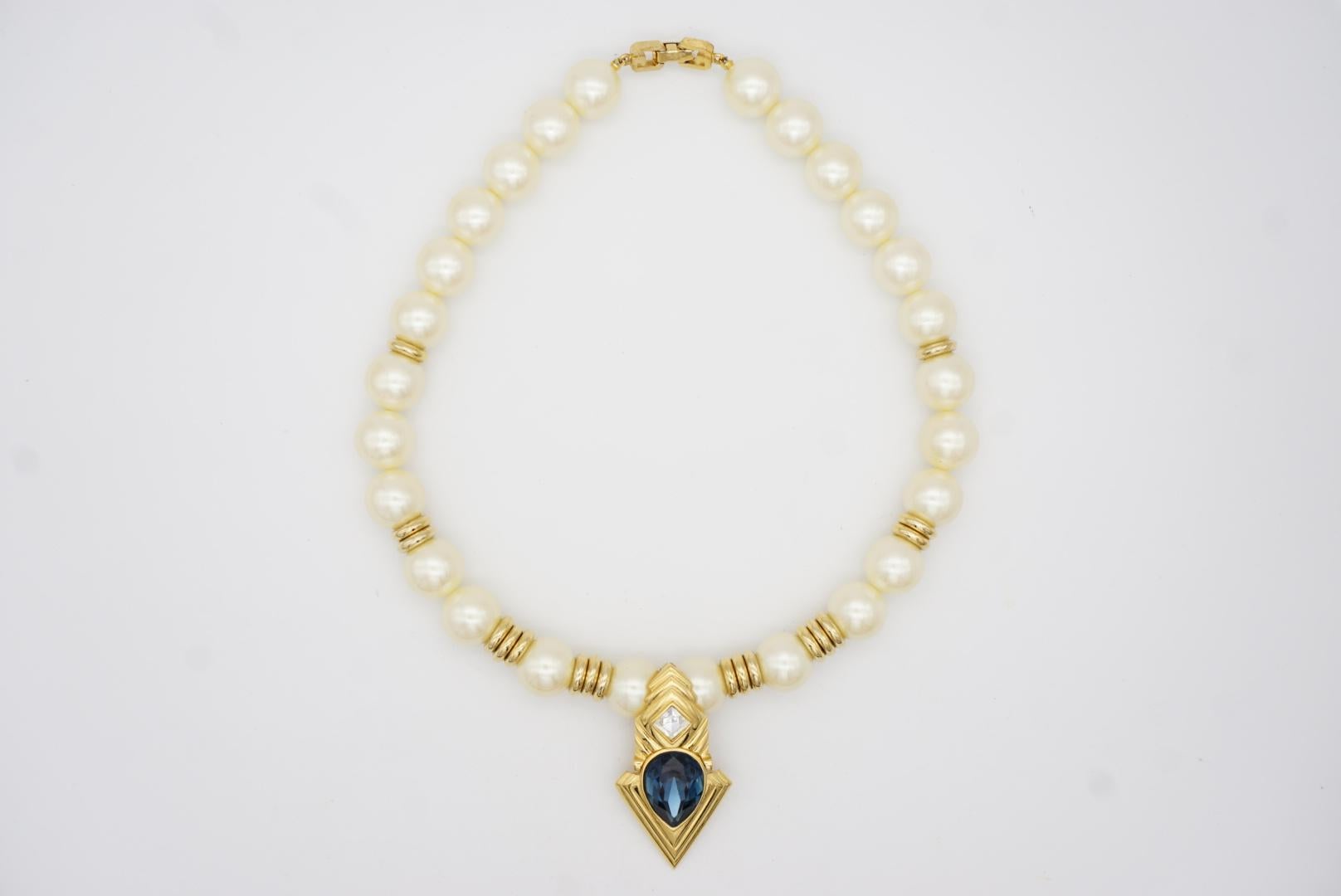 Givenchy Vintage 1990s Large White Pearl Sapphire Crystals Gold Pendant Necklace For Sale 3