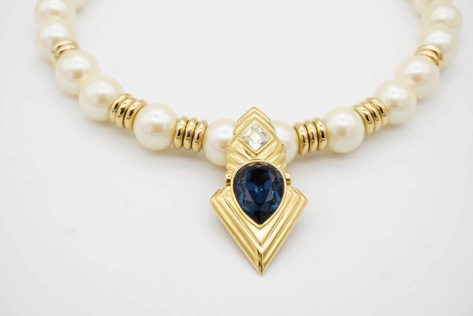 Givenchy Vintage 1990s Large White Pearl Sapphire Crystals Gold Pendant Necklace For Sale 4