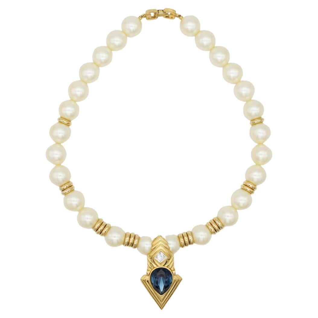 Givenchy Vintage 1990s Large White Pearl Sapphire Crystals Gold Pendant Necklace For Sale