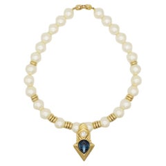 Givenchy Vintage 1990s Large White Pearl Sapphire Crystals Gold Pendant Necklace