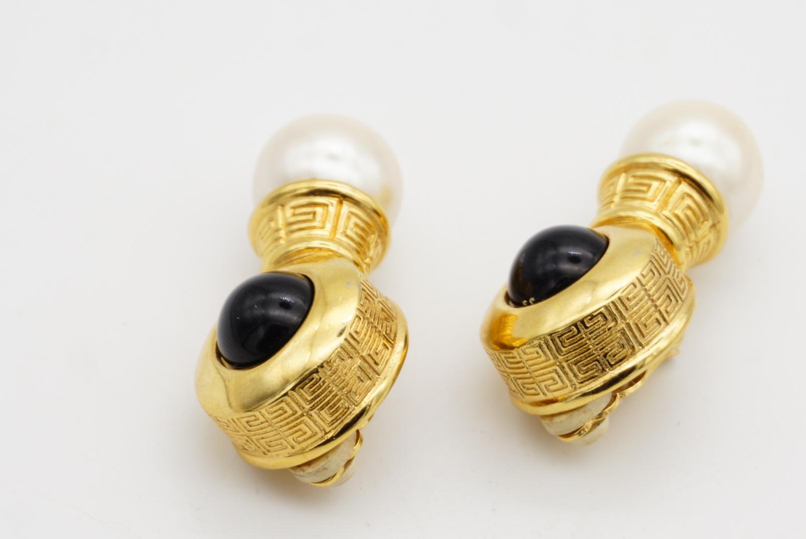 Givenchy Vintage 4G Logo Monogramm Onyx Cabochon Weiß Perle Gold Clip-Ohrringe im Angebot 7