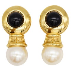 Givenchy Vintage 4G Logo Monogram Onyx Cabochon White Pearl Gold Clip Earrings