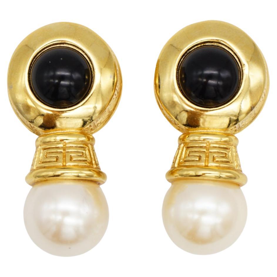 Givenchy Vintage 4G Logo Monogram Onyx Cabochon Perle blanche Boucles d'oreilles clip or