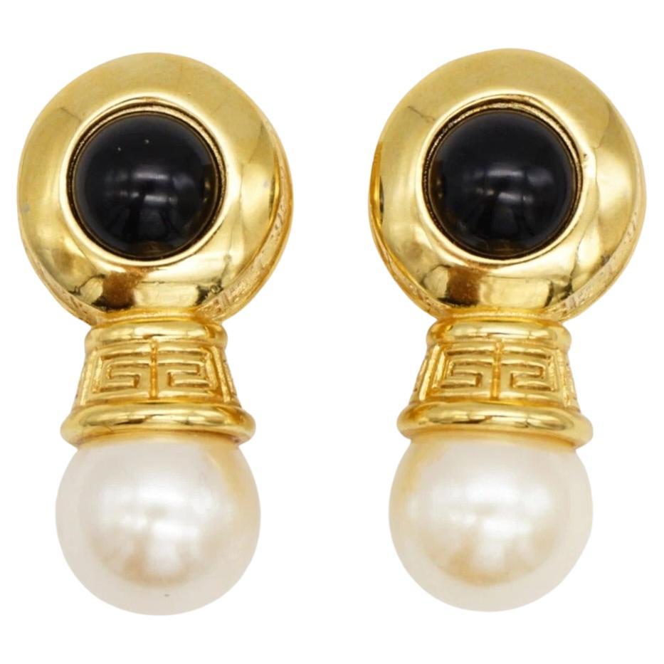 Givenchy Vintage 4G Logo Monogram Onyx Cabochon White Pearl Gold Clip Earrings For Sale