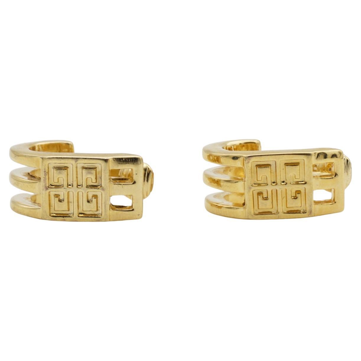 Givenchy Vintage 4G Logo Monogram Rectangle Openwork Hoop Dome Clip Earrings