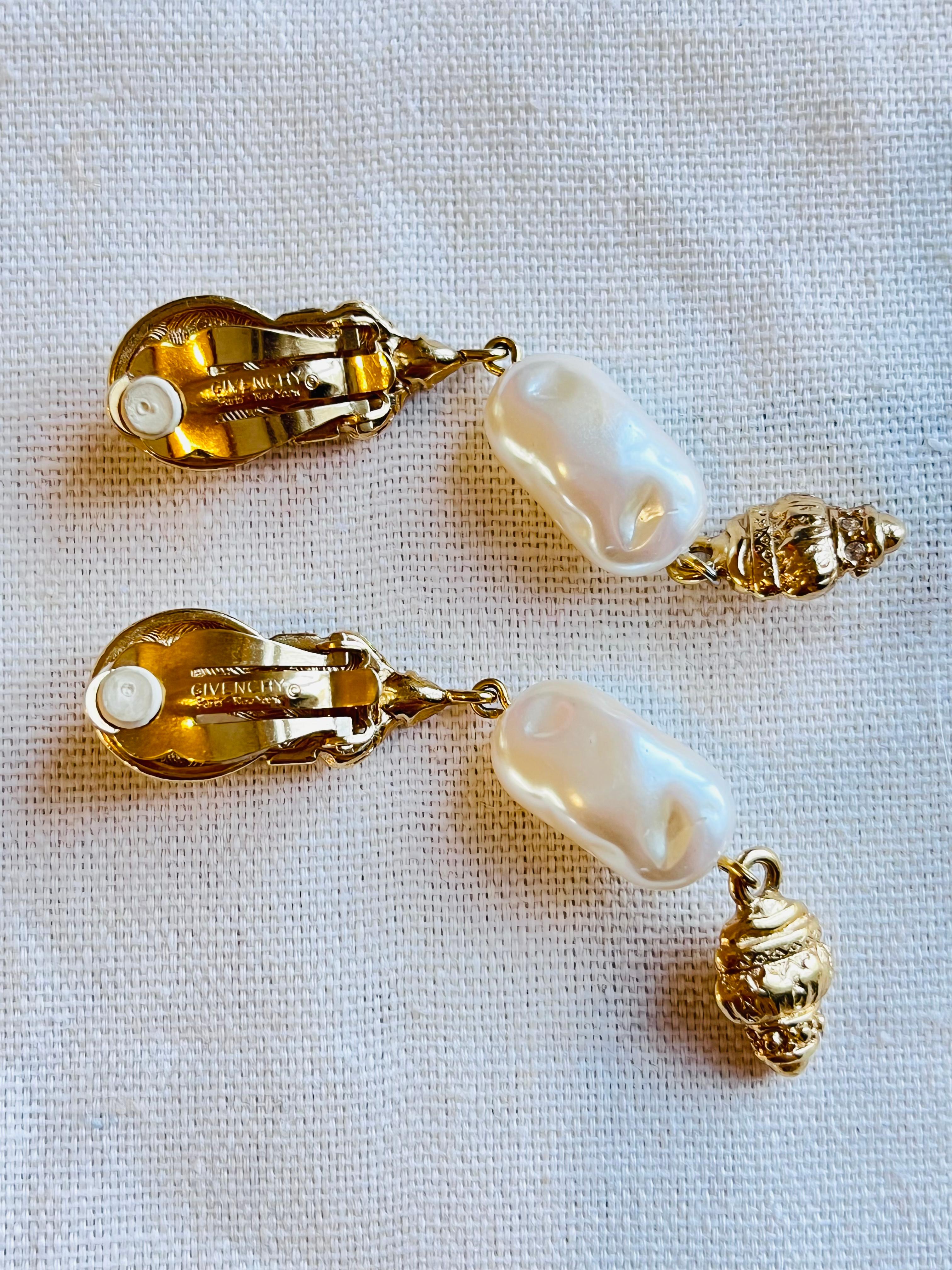 Givenchy Vintage Baroque Irregular Pearl Crystal Relief Gold Drop Clip Earrings  For Sale 1