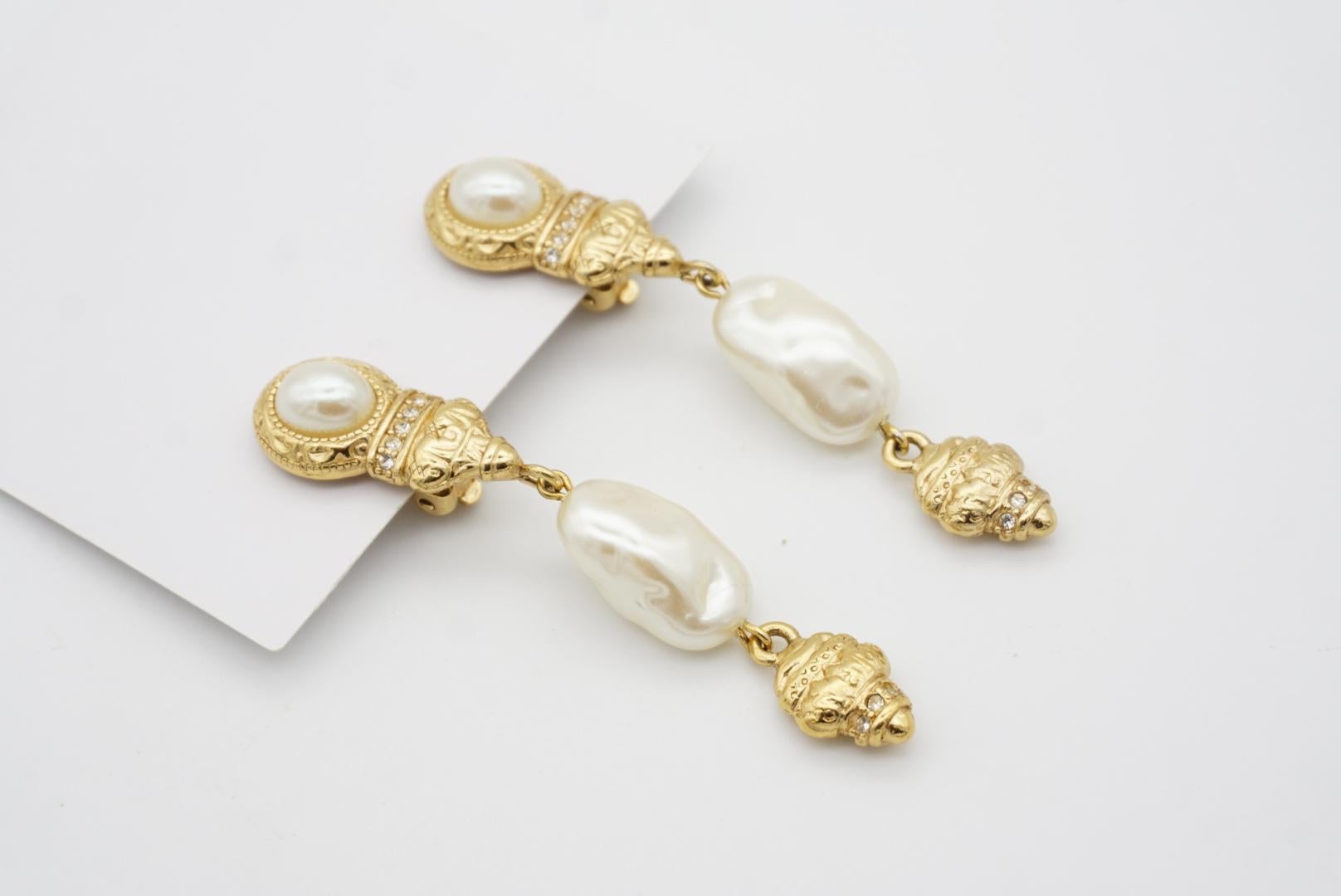 Art Deco Givenchy Vintage Baroque Irregular Pearl Crystal Relief Gold Drop Clip Earrings  For Sale