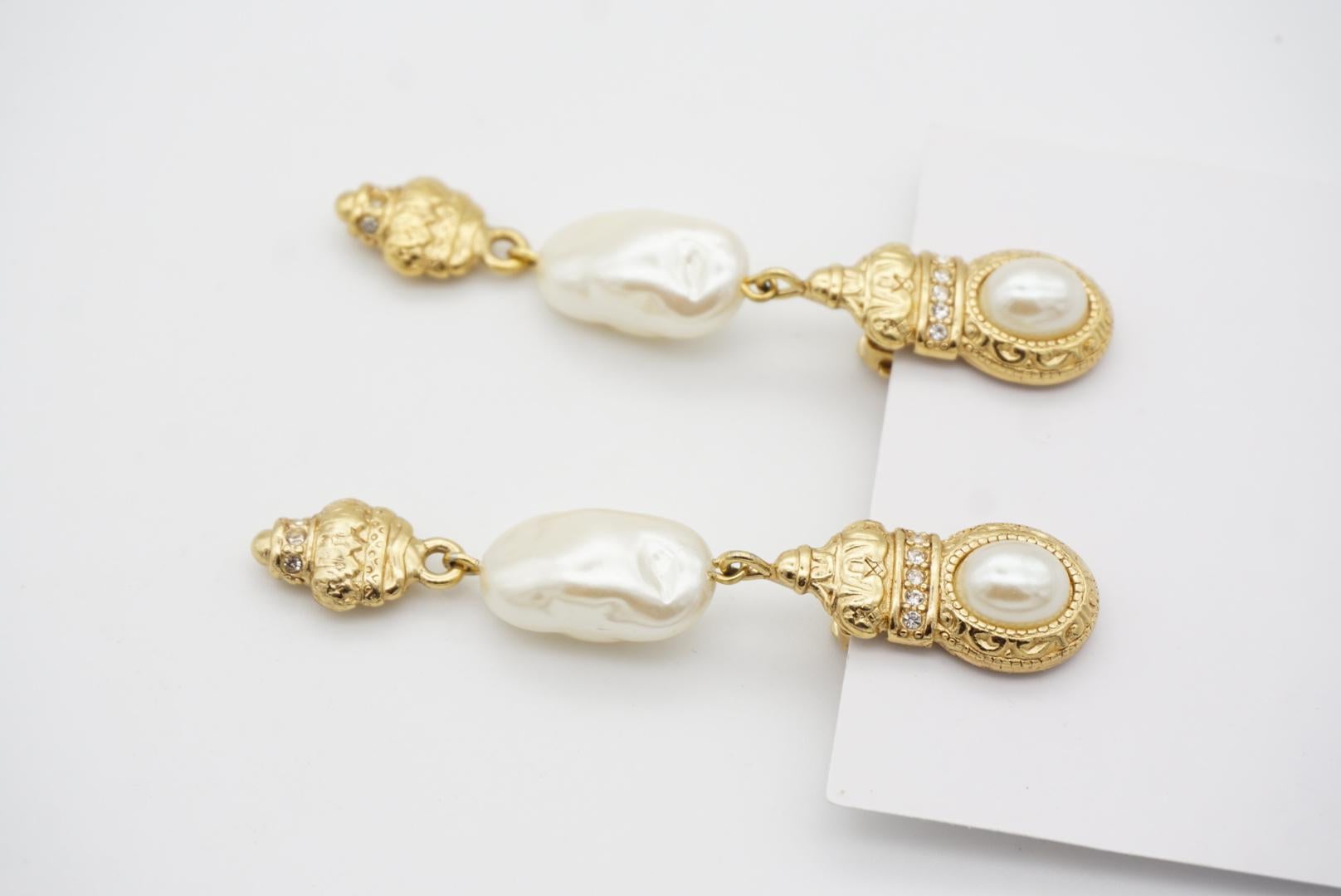 Baguette Cut Givenchy Vintage Baroque Irregular Pearl Crystal Relief Gold Drop Clip Earrings  For Sale