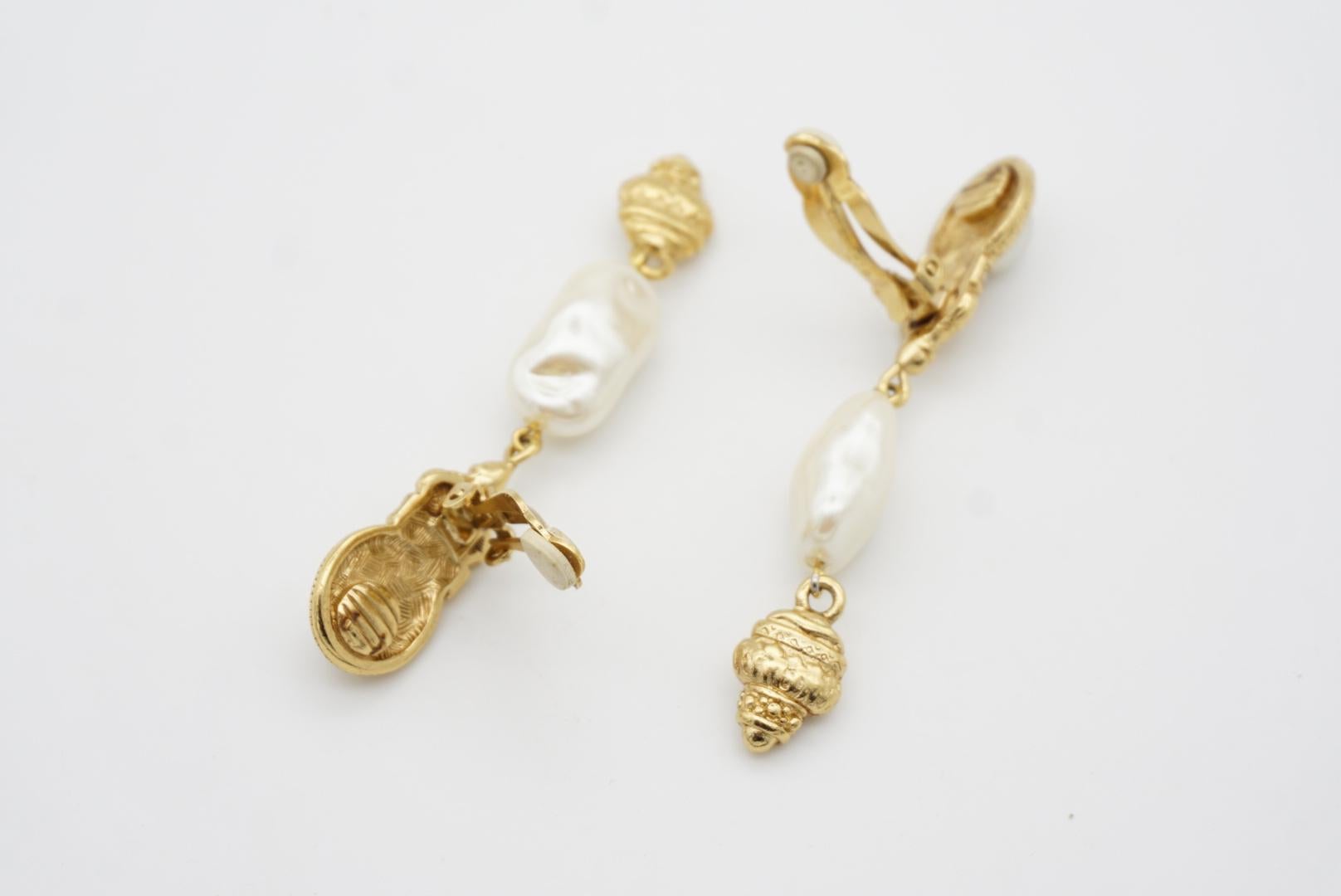 Givenchy Vintage Baroque Irregular Pearl Crystal Relief Gold Drop Clip Earrings  In Excellent Condition For Sale In Wokingham, England