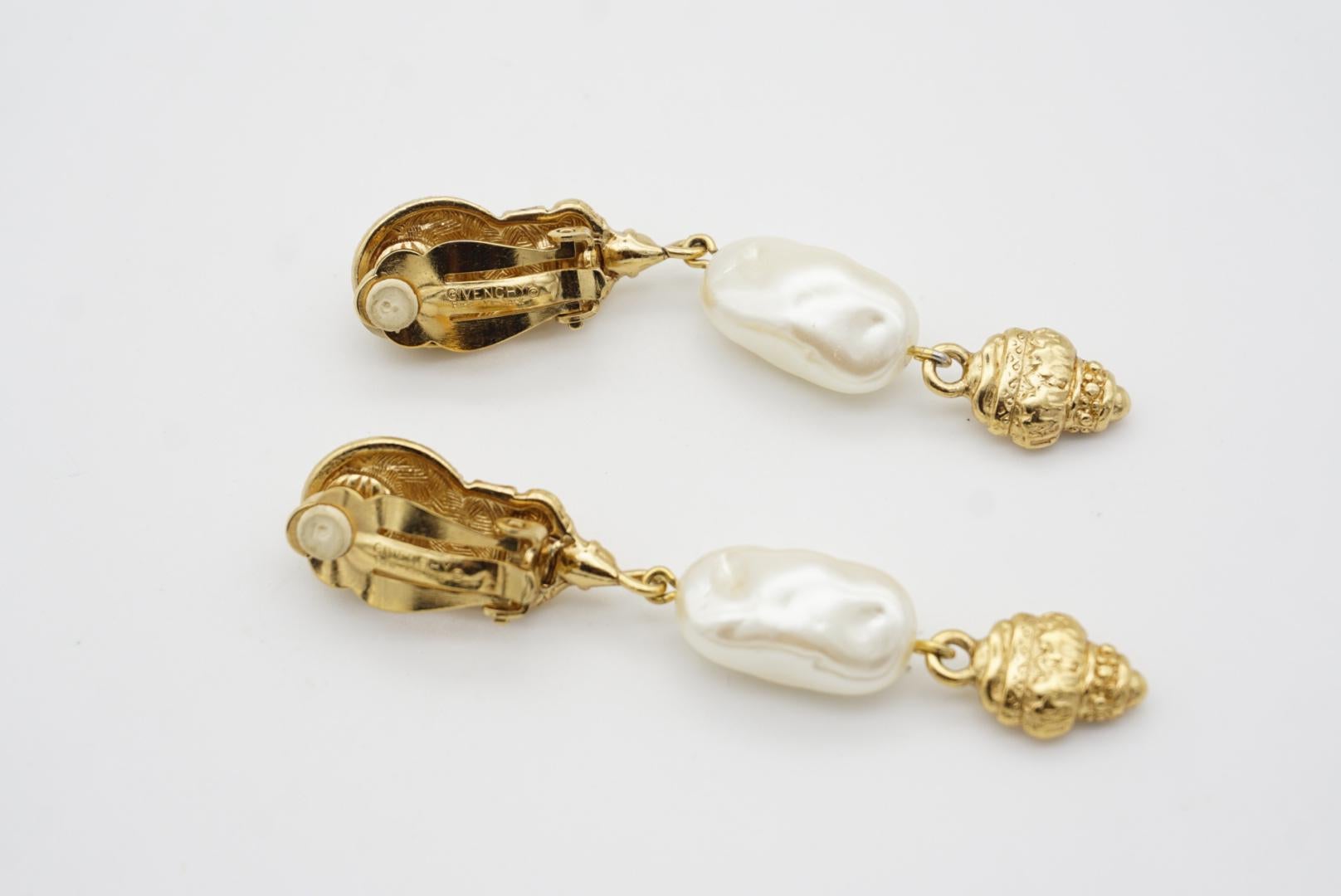 Women's Givenchy Vintage Baroque Irregular Pearl Crystal Relief Gold Drop Clip Earrings  For Sale
