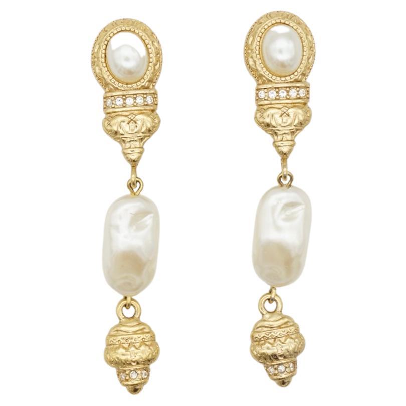 Givenchy Vintage Baroque Irregular Pearl Crystal Relief Gold Drop Clip Earrings 
