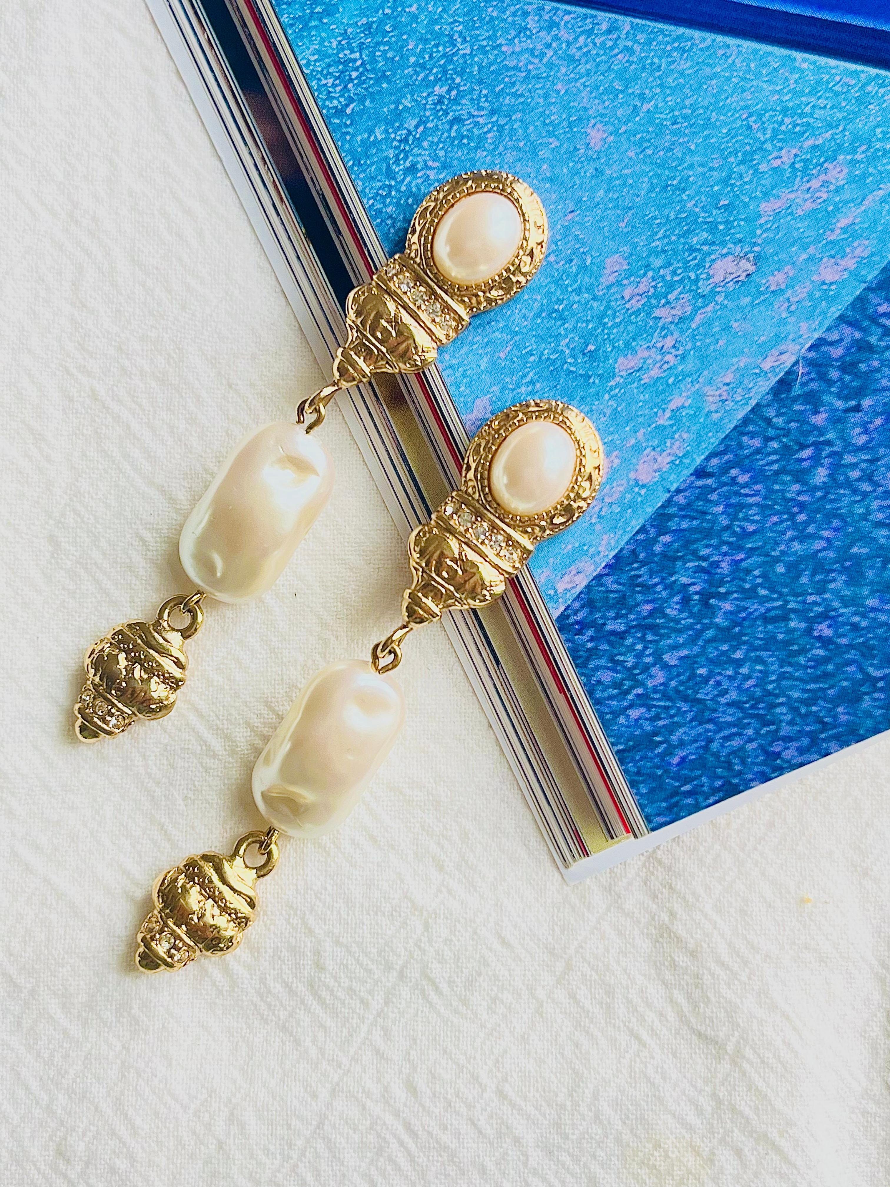 Art Deco Givenchy Vintage Baroque Irregular Pearls Crystals Relief Dangle Clip Earrings For Sale
