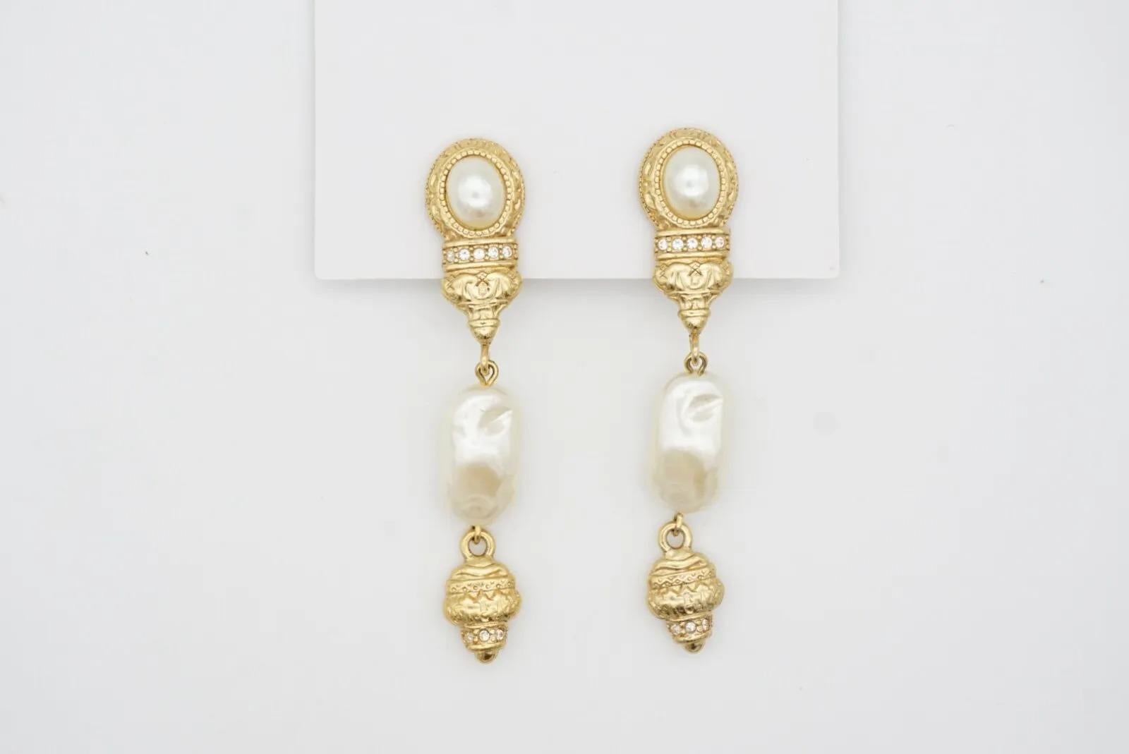 Givenchy Vintage Baroque Irregular Pearls Crystals Relief Dangle Clip Earrings For Sale 2