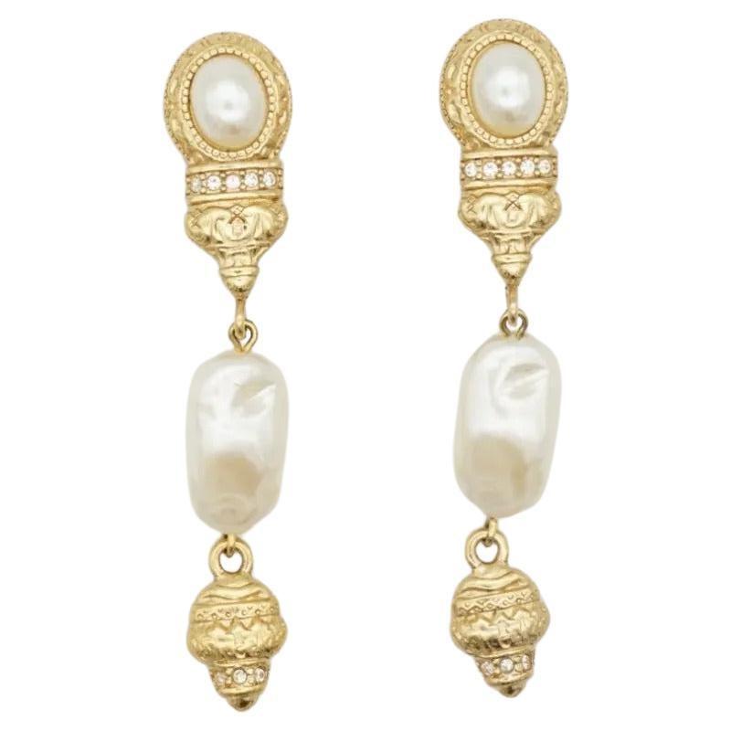 Givenchy Vintage Baroque Irregular Pearls Crystals Relief Dangle Clip Earrings