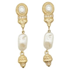 Givenchy Vintage Baroque Irregular Pearls Crystals Relief Dangle Clip Earrings