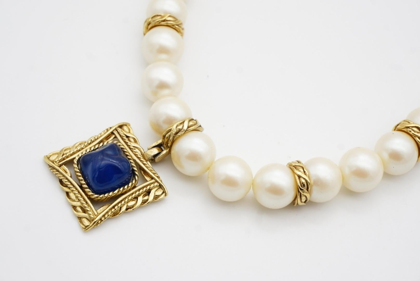 Givenchy Vintage Baroque Sapphire Square Pendant Large White Pearls Necklace For Sale 6