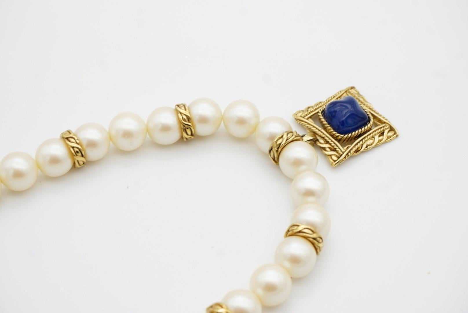 Givenchy Vintage Baroque Sapphire Square Pendant Large White Pearls Necklace For Sale 7
