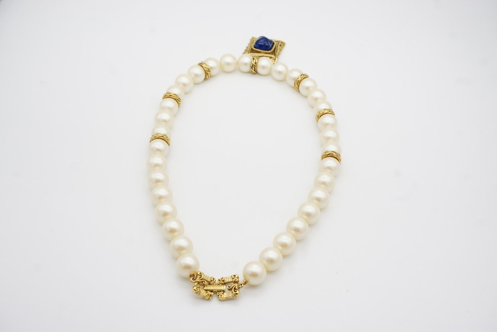 Givenchy Vintage Baroque Sapphire Square Pendant Large White Pearls Necklace For Sale 10