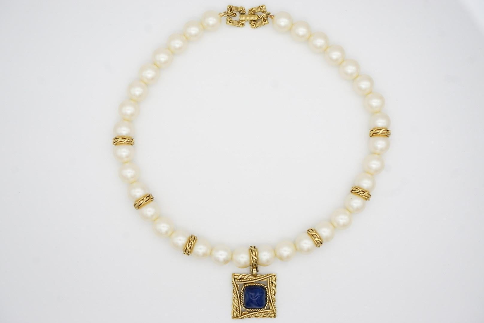Givenchy Vintage Baroque Sapphire Square Pendant Large White Pearls Necklace For Sale 4