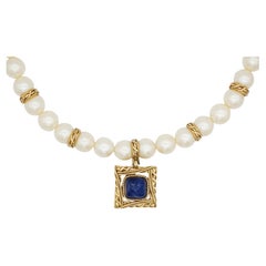 Givenchy Vintage Baroque Sapphire Square Pendant Large White Pearls Necklace
