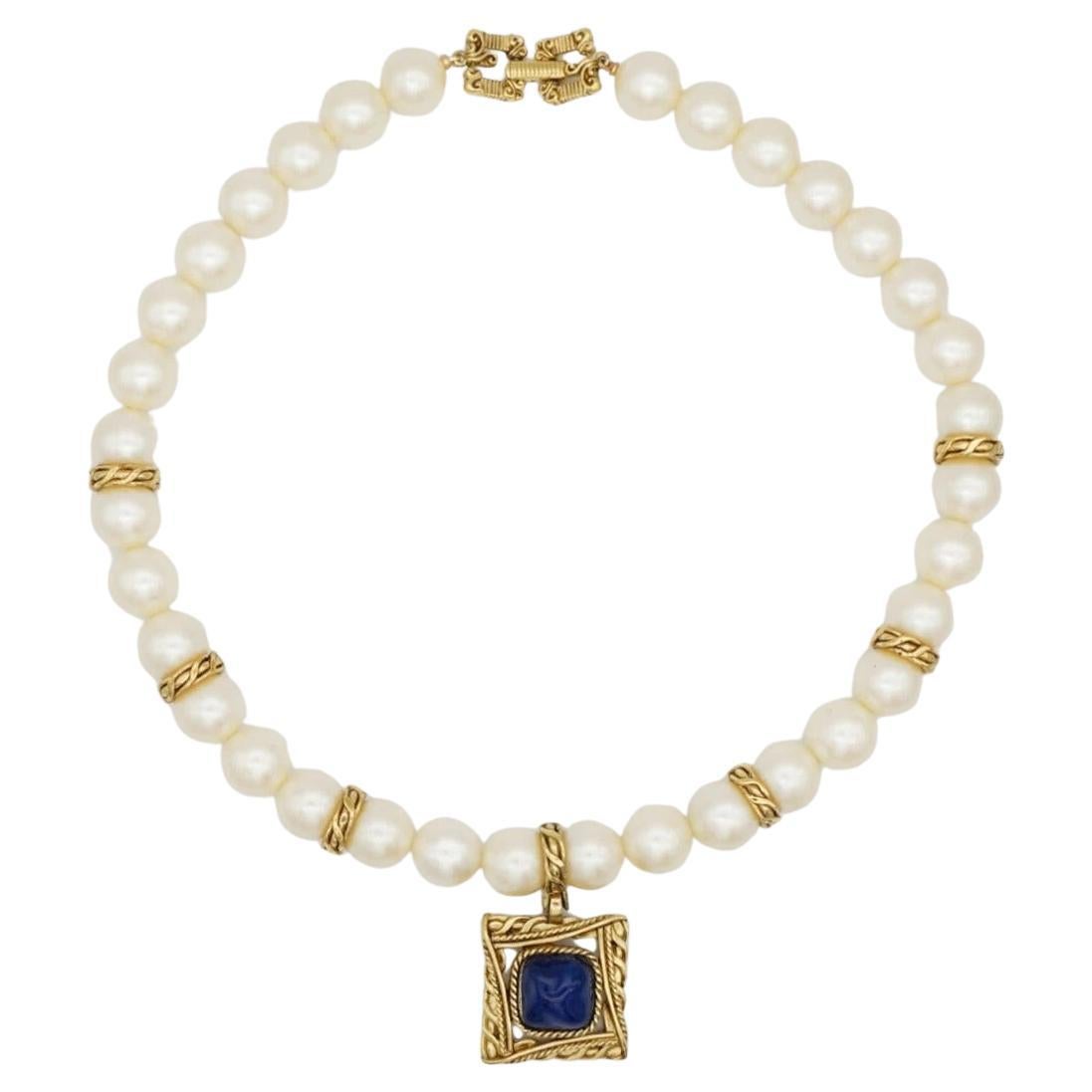 Givenchy Vintage Baroque Sapphire Square Pendant Large White Pearls Necklace For Sale