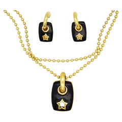 Givenchy Vintage Black Rectangle Circle Star Pendant Long Chain Hoop Gold 2 Set