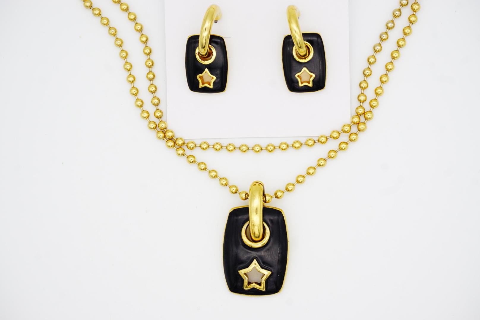 Givenchy Vintage Black Rectangle Circle Star Set Long Necklace Hoop Earrings For Sale 7