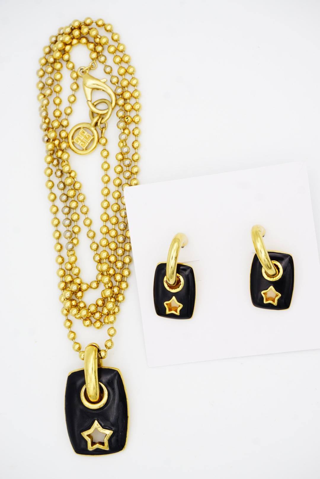 Givenchy Vintage Black Rectangle Circle Star Set Long Necklace Hoop Earrings For Sale 8
