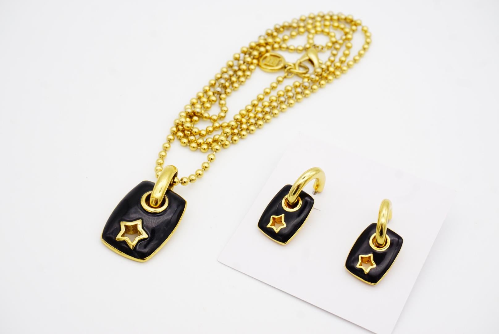 Givenchy Vintage Black Rectangle Circle Star Set Long Necklace Hoop Earrings For Sale 9