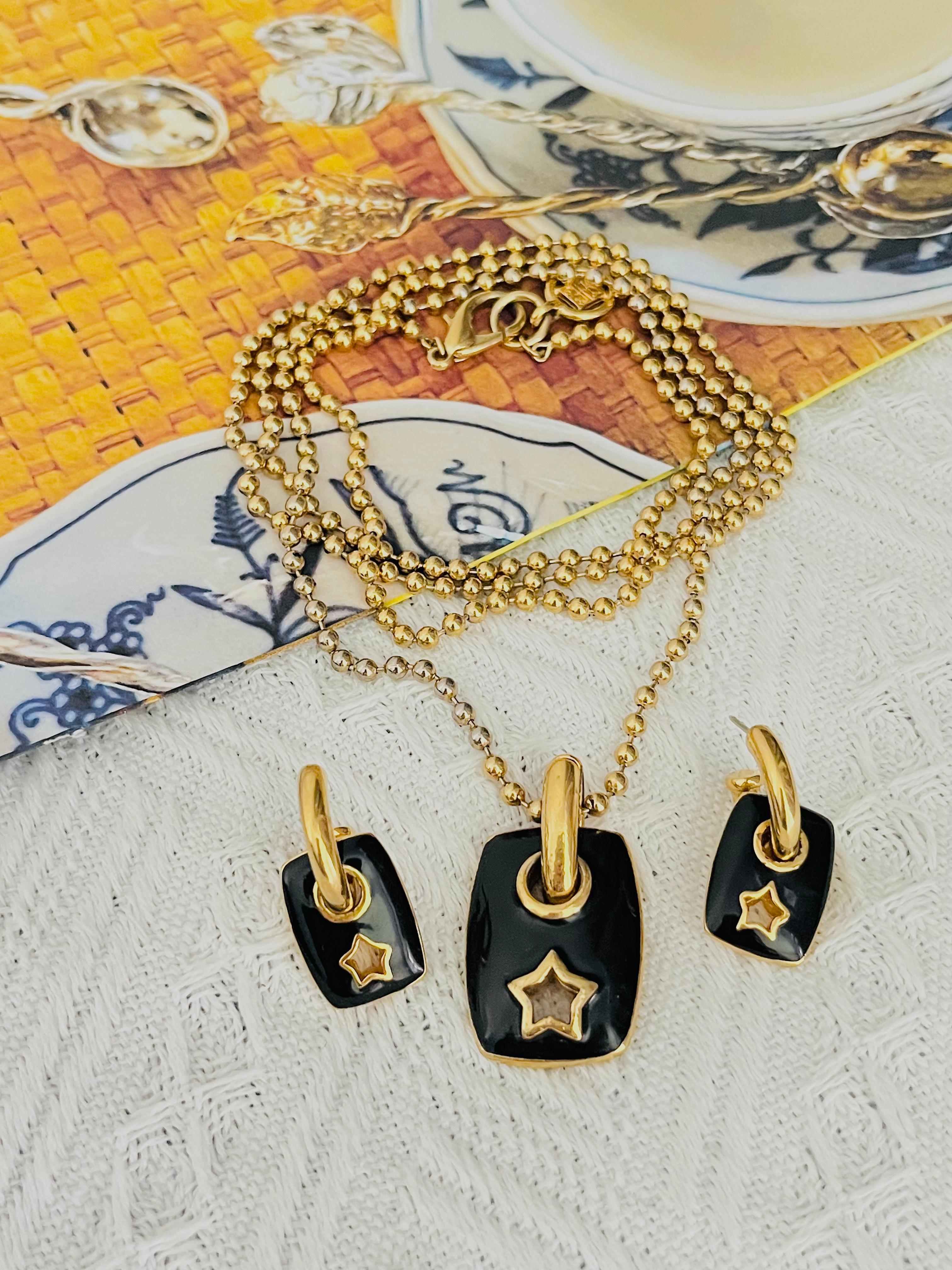 Art Deco Givenchy Vintage Black Rectangle Circle Star Set Long Necklace Hoop Earrings For Sale