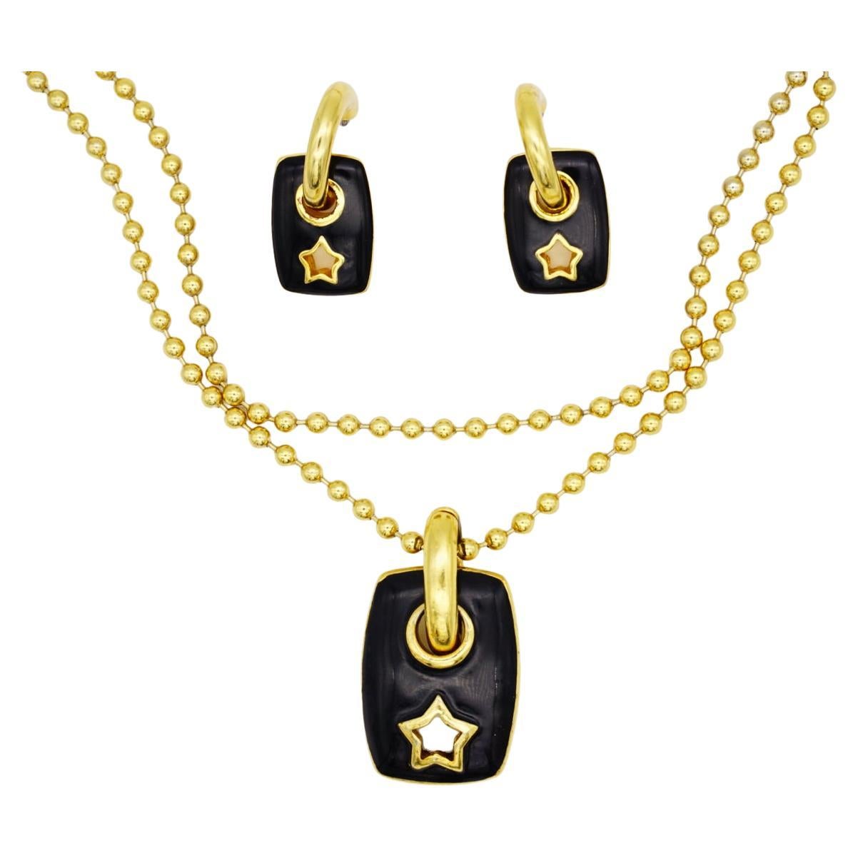 Givenchy Vintage Black Rectangle Circle Star Set Long Necklace Hoop Earrings