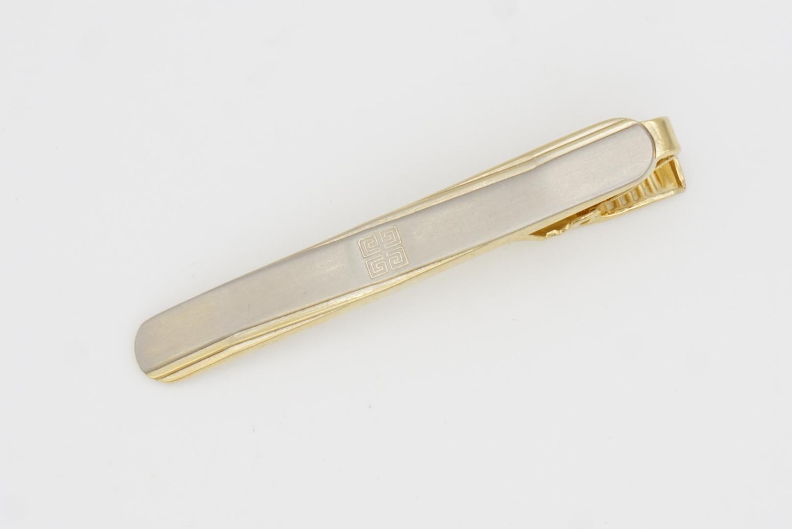 Givenchy Vintage Classic 4G Hallmark Logo Grey Silver Gold Tie Clip Pin Bar For Sale 7