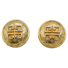 Givenchy Vintage Classic Large Logo Monogram Relief Circle Gold Clip Earrings
