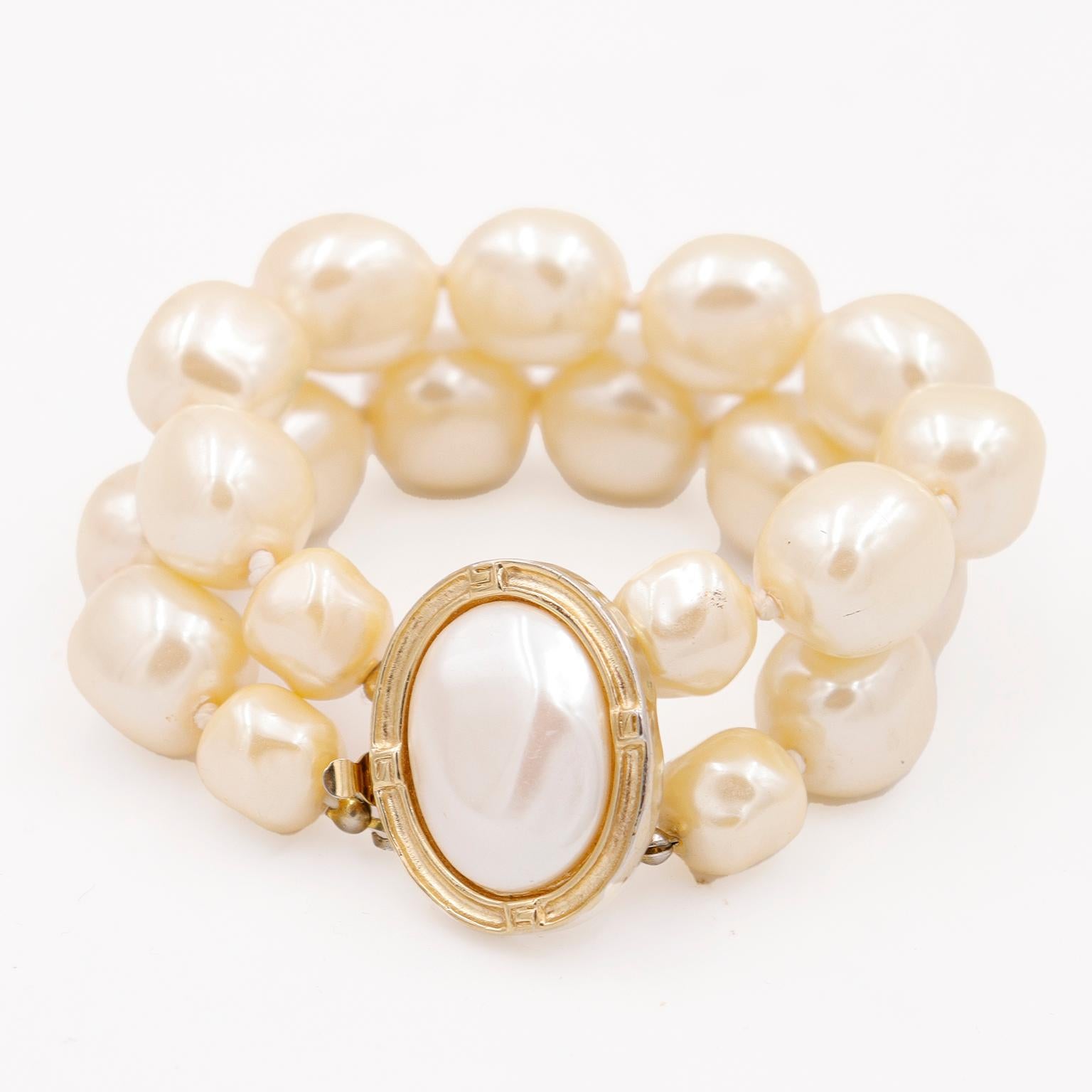 Givenchy Vintage Double Strand Faux Baroque Pearl Bracelet w Gold Plate Clasp For Sale 6