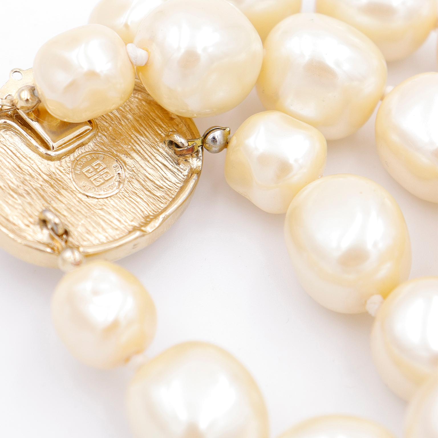 Givenchy Vintage Double Strand Faux Baroque Pearl Bracelet w Gold Plate Clasp For Sale 1